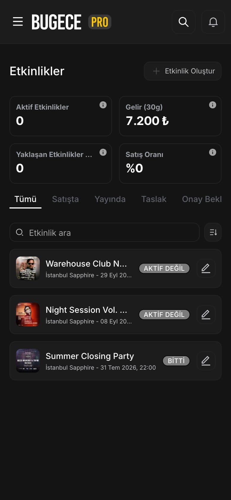Etkinlikler — canlı ve geçmiş geceler